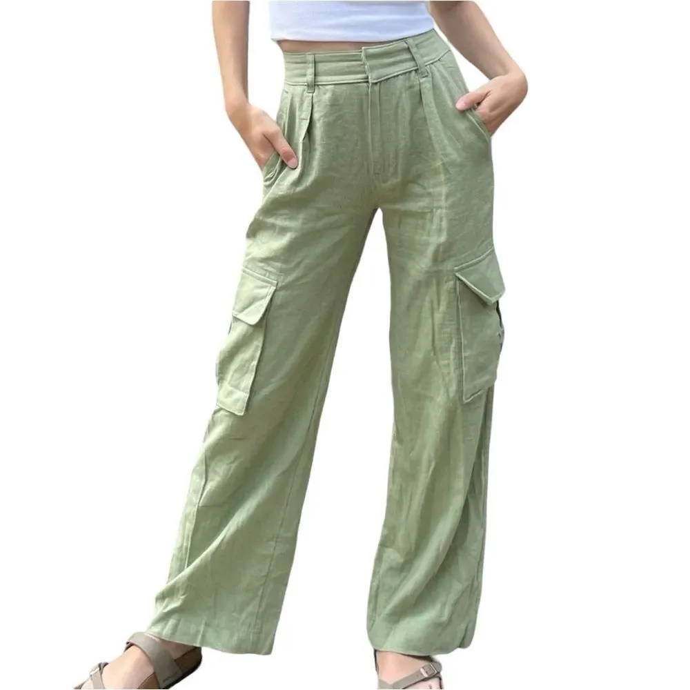 ✨Abercrombie & Fitch Linen-Blend Tailored Ultra Wide-Leg Cargo Sz S Green Pants✨ - Picture 7 of 9